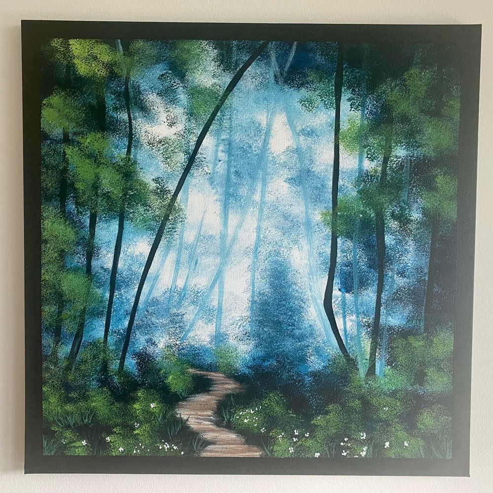 Misty blue green forest path painting
